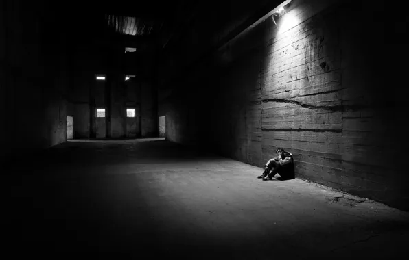 Picture light, man, loneliness, melancholy, hangar