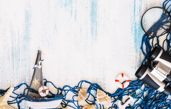 Background, mesh, shell, binoculars, boat, Morska Zvezda, sea