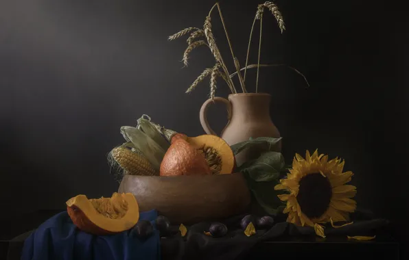 Flower, leaves, the dark background, table, sunflower, corn, petals, fabric