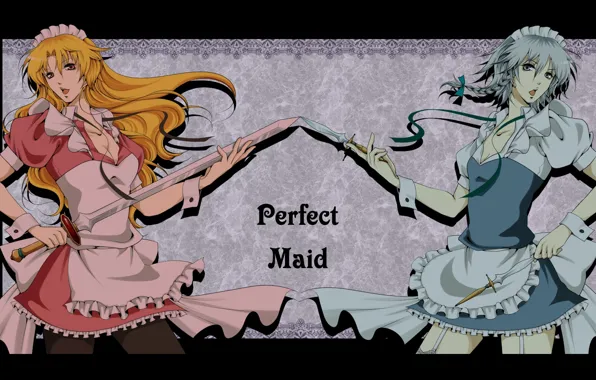 Sword, knives, long hair, pigtail, apron, ruffles, Izayoi Sakuya, maids