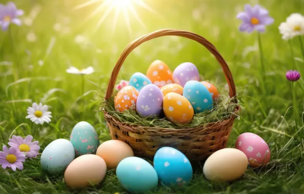 Flowers, eggs, spring, colorful, Easter, happy, flowers, spring