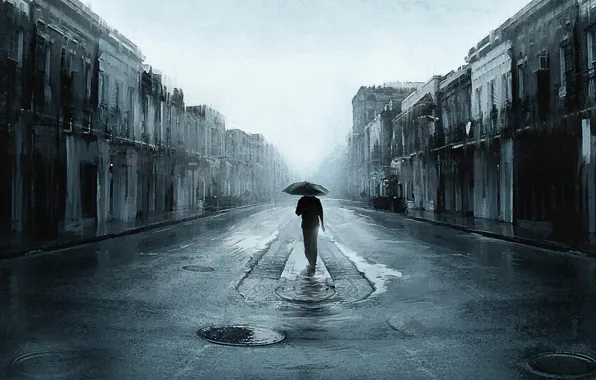 Picture road, the city, rain, one, people, umbrella, art