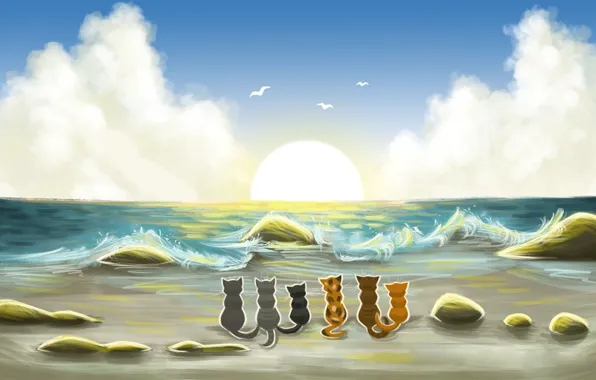 Picture sand, sea, wave, cat, clouds, bird, art, painted landscape
