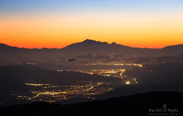 The sky, landscape, sunset, mountains, the city, lights, photographer, Mark Gee