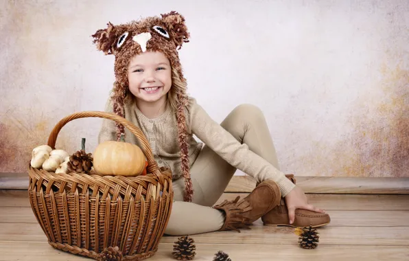 Smile, child, girl, pumpkin, sitting, basket, bumps, decor