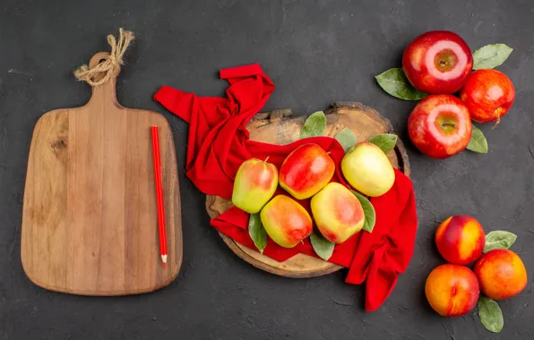 Leaves, table, apples, towel, yellow, red, fabric, pencil