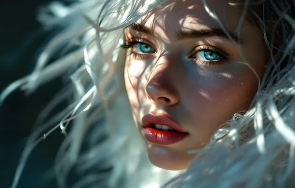 Girl, light, face, portrait, blonde, shadows, blue eyes, white hair