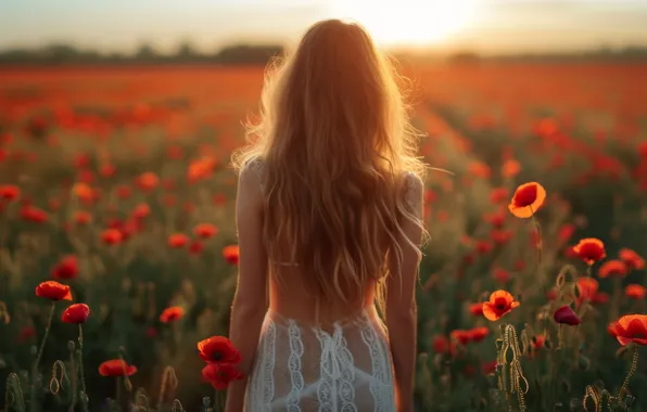 Field, summer, girl, flowers, back, Maki, red, walk