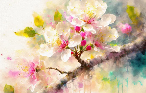 Picture flowers, branches, spring, painting, flowering, imitation painting, AI art, neural network
