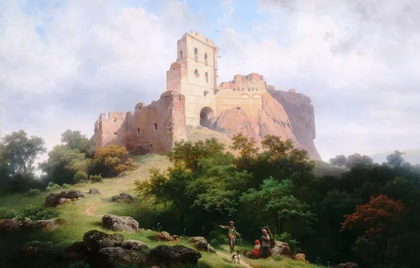 Trees, People, Ruins, Picture, Austrian painter, Joseph Holzer, Josef Holzer, Paulenstein ruins near Stampfen in …