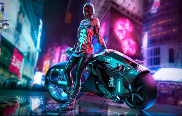 Girl, The city, Neon, Motorcycle, Art, Cyberpunk, Cyberpunk