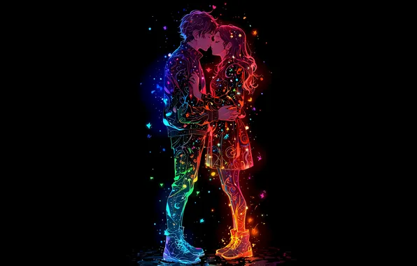 Picture Love, Celebration, Happy Valentine's Day, Black background, Colorful art, Kissing couple, Romantic kiss, Love couple