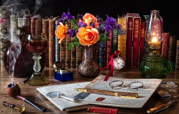 Flowers, style, watch, books, bottle, lamp, roses, tube