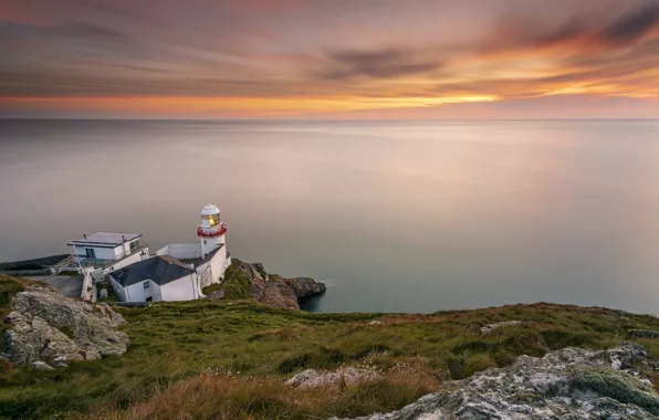 Sea, grass, clouds, house, stones, rocks, shore, lighthouse