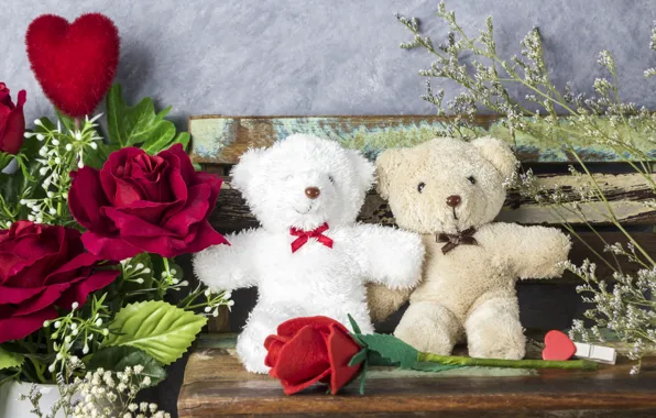 Love, flowers, gift, toy, heart, roses, bear, red