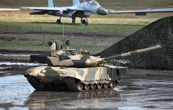 Picture lights, T-90MS, Su-27 in the background, Russian tank, cover the tank