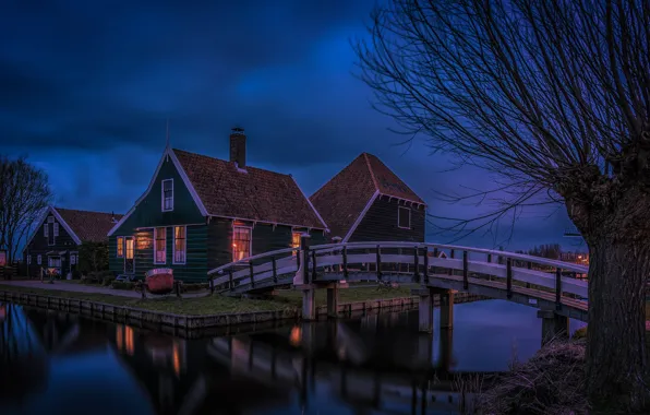 Night, bridge, home, village, Netherlands, Zaanse Schans