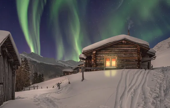 Picture winter, snow, home, Northern lights