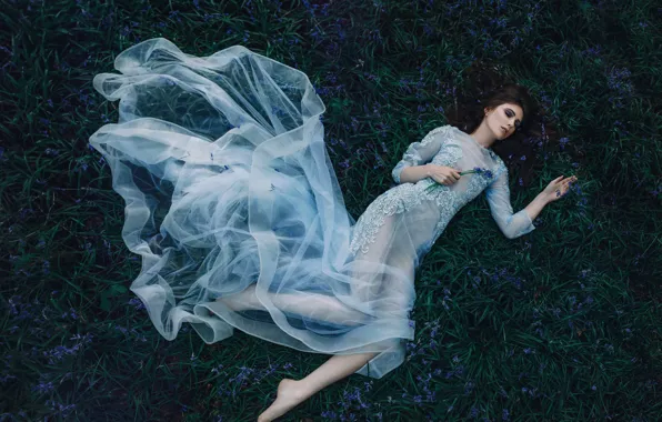 Picture girl, flowers, mood, sleep, the situation, dress, bells, sleeping beauty