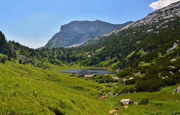 Mountains, lake, valley, Alps