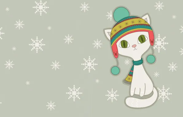 Picture winter, snowflakes, art, kitty, cap, children's