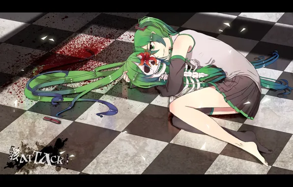 Fragments, skeleton, floor, vocaloid, Hatsune Miku, Vocaloid, traces of blood, hugs
