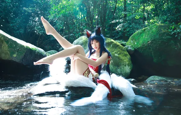 Forest, moss, Asian, cutie, boulders, cosplay, asian, cutie
