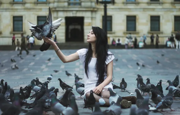 Girl, street, pigeons
