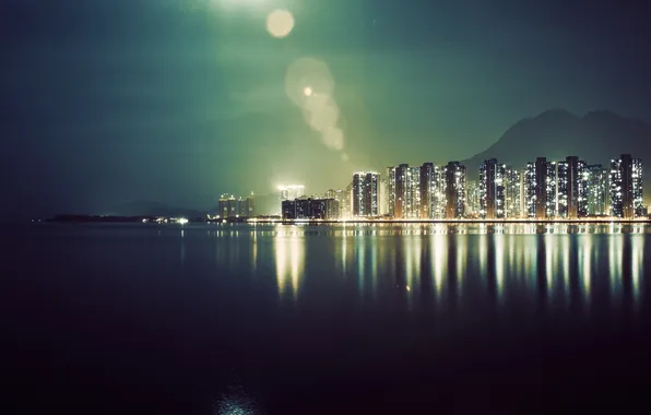 Picture water, night, the city, lights, building, megapolis