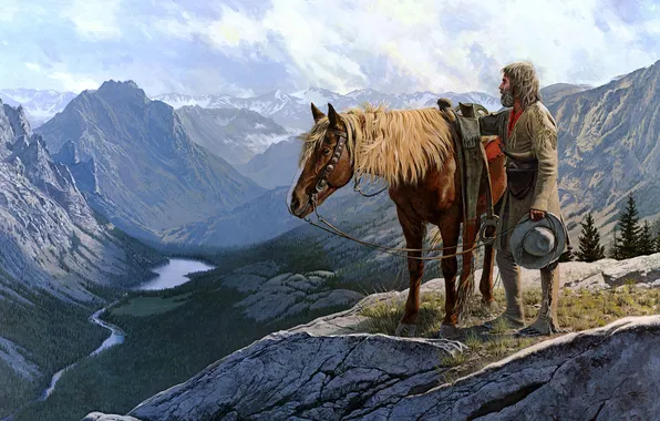 Picture mountains, horse, man, Cowboy, wild West