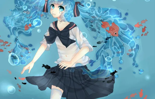 Girl, fish, bubbles, art, form, schoolgirl, vocaloid, under water