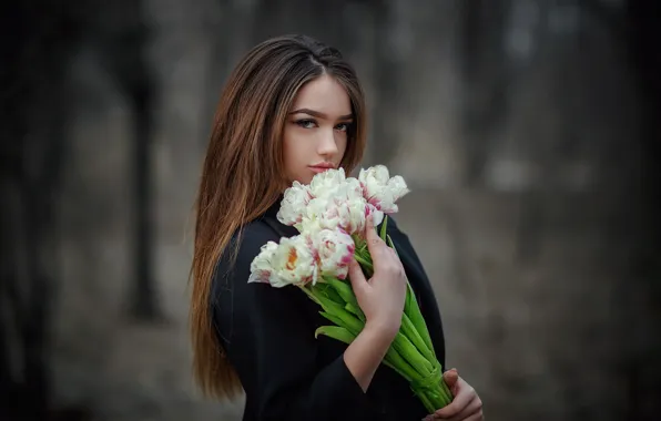 Picture look, girl, model, portrait, bouquet, tulips, brown hair, Alexandra