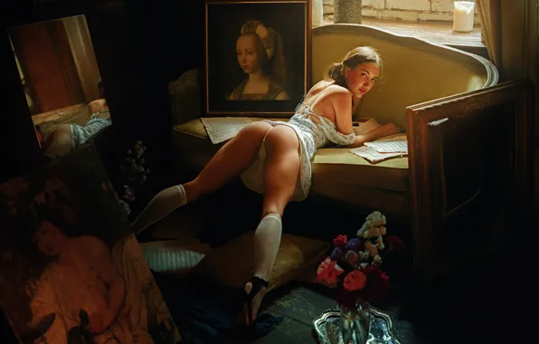 Ass, ass, girl, panties, back, linen, stockings, figure