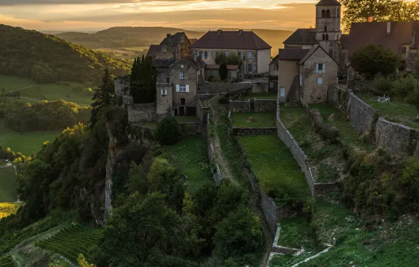 Field, forest, the sky, the sun, clouds, trees, mountains, France