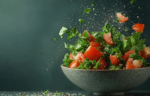 Greens, squirt, table, pieces, bowl, grey background, tomatoes, parsley