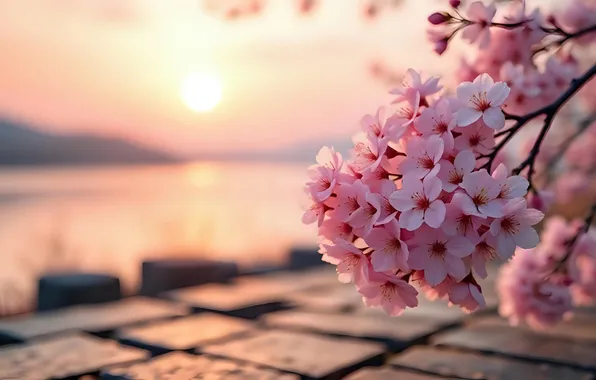 The sun, light, flowers, shore, tile, branch, spring, morning