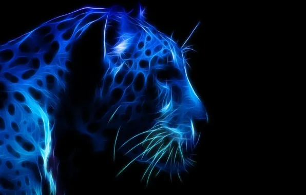 Face, leopard, profile, blue color, the dark background, 3D graphics