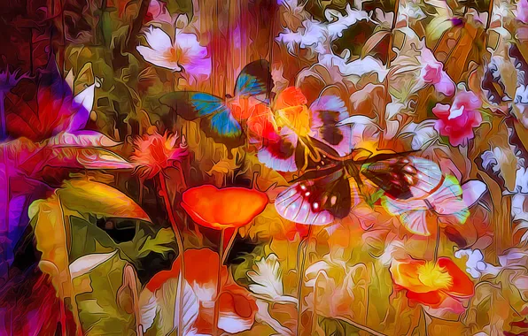 Picture line, flowers, nature, rendering, butterfly, paint, plant, petals