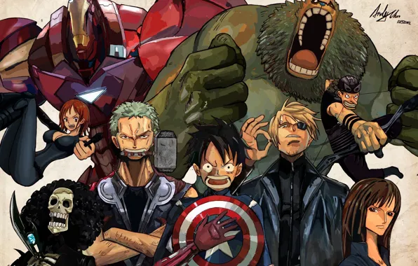 Picture pirates, shield, iron man, one piece, Hulk, Thor, captain America, the Avengers