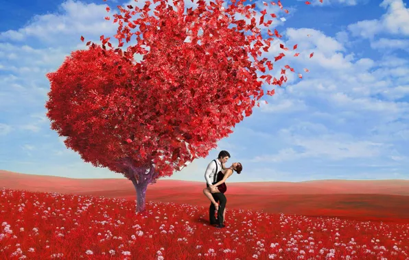 GIRL, TREE, PAIR, The SKY, FIELD, CLOUDS, LEAVES, HEART