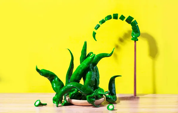Green, table, shadow, pieces, pepper, bowl, sharp, yellow background