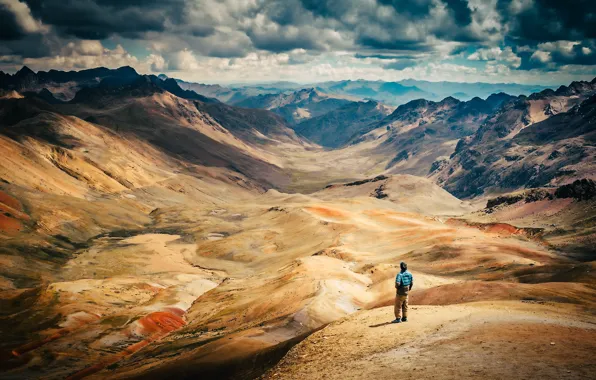 Picture the sun, clouds, mountains, people, view, gorge, Peru