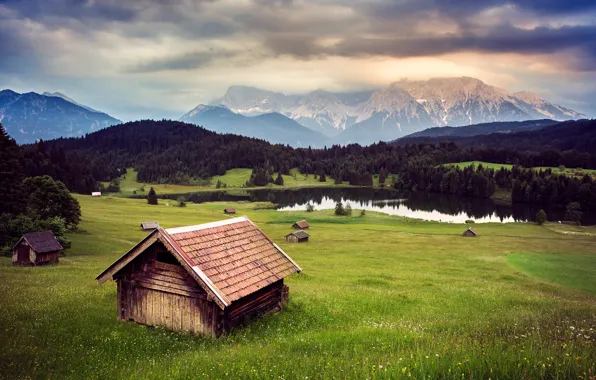 Field, forest, summer, the sky, grass, clouds, mountains, nature