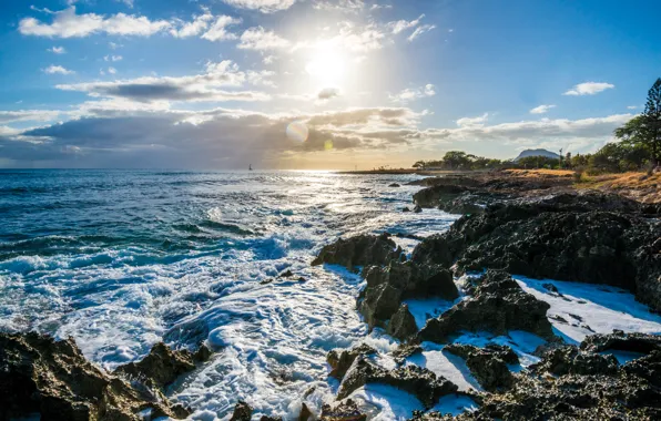 The sky, the sun, clouds, the ocean, coast, horizon, Hawaii, USA