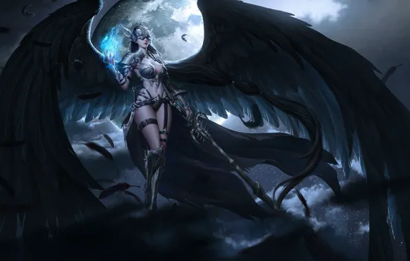 Night, Armor, Angel, Feathers, Style, Sword, Magic, Warrior