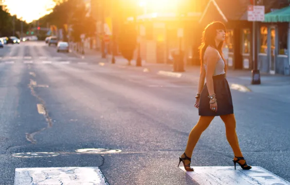 Road, girl, the sun, light, machine, street, home, the transition