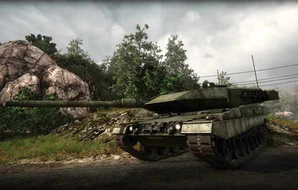 Road, trees, tank, armored warfare, leopard 2A5