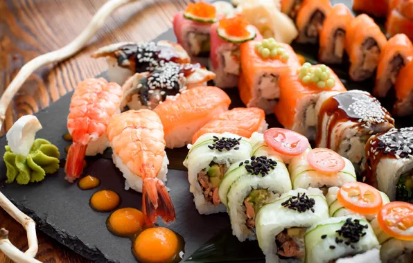 Fish, shrimp, figure, tomato, sauce, rolls, cuts, Seth