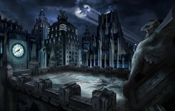 Picture roof, night, building, Batman, Gargoyle, Gotham City