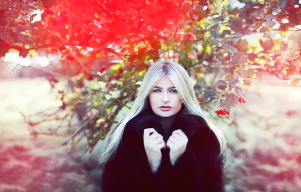 Look, berries, portrait, coat, Kalina